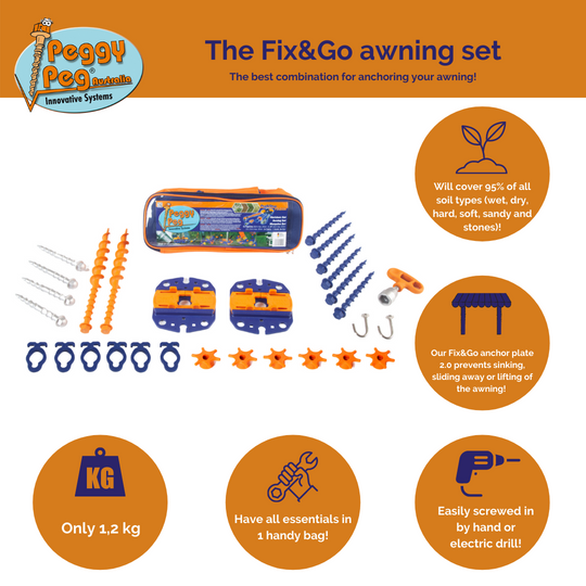 Fix&Go Awning Set • Set incl. bag (PP99) • Thule Omnistor, Fiamma & Dometic (box style • NO Roll-out awnings) • Awning Anchoring system